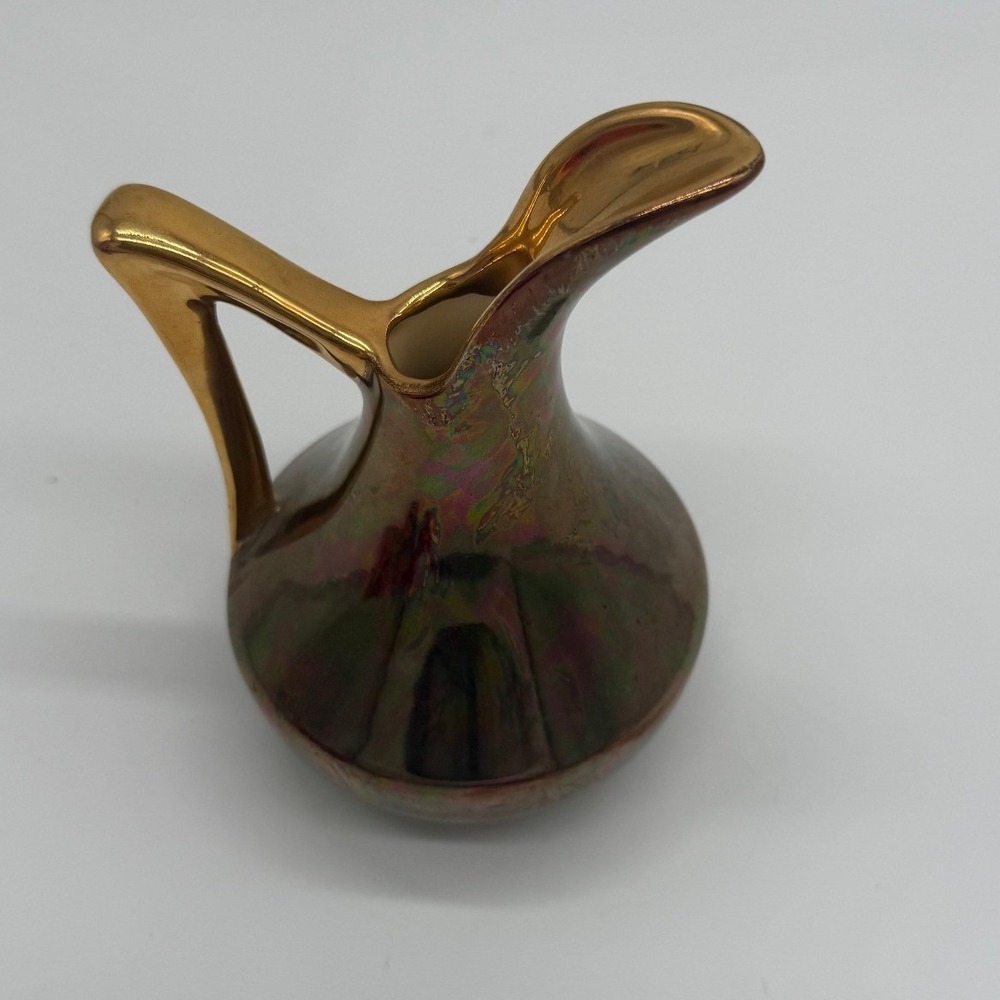 Vintage Hand Crafted Iridescent Luster Pitcher with 22 Kt Gold Trim Decor